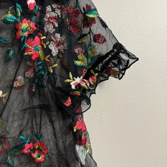 Floral Embroidered Sheer Black Top | Women’s Size Large - Picture 3 of 7